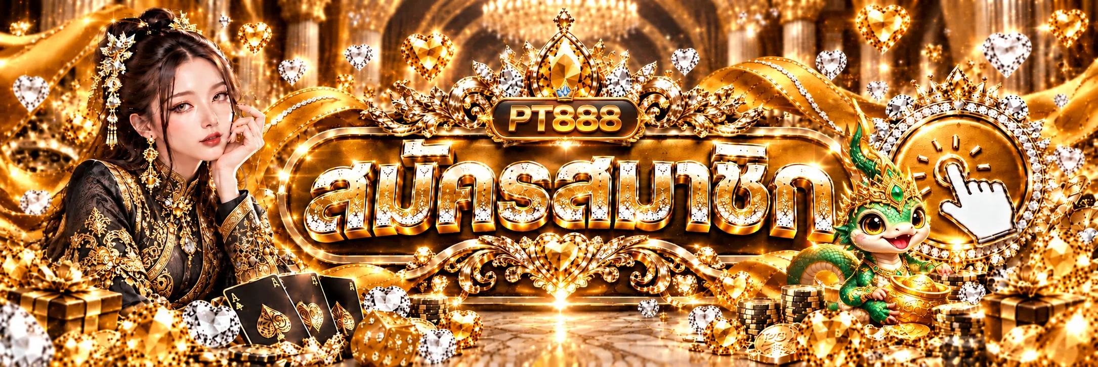 ทางเข้า PT888 พร้อมปุ่มสมัครสมาชิกและตัวละครมังกรสีเขียว